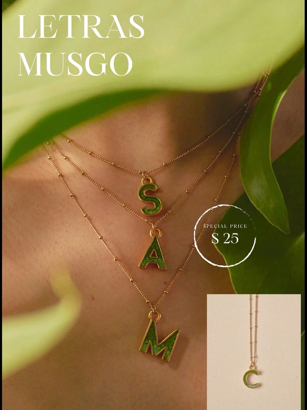 Gold-Plated Necklace with Green Initial “V” Pendant